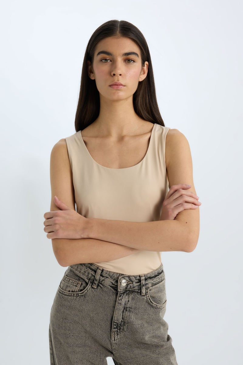 DeFacto Beige Woman Slim Fit Basic Square Collar Sleeveless Tank Top Casual - Image 4